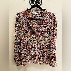 LOFT Women's Red and Yellow Patterned Blouse